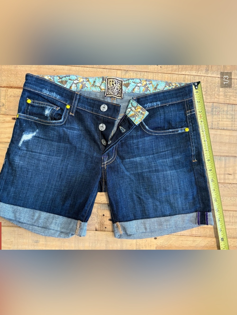 Rich & Skinny Indigo Blue Cuffed Denim Shorts with Patterned Waistband